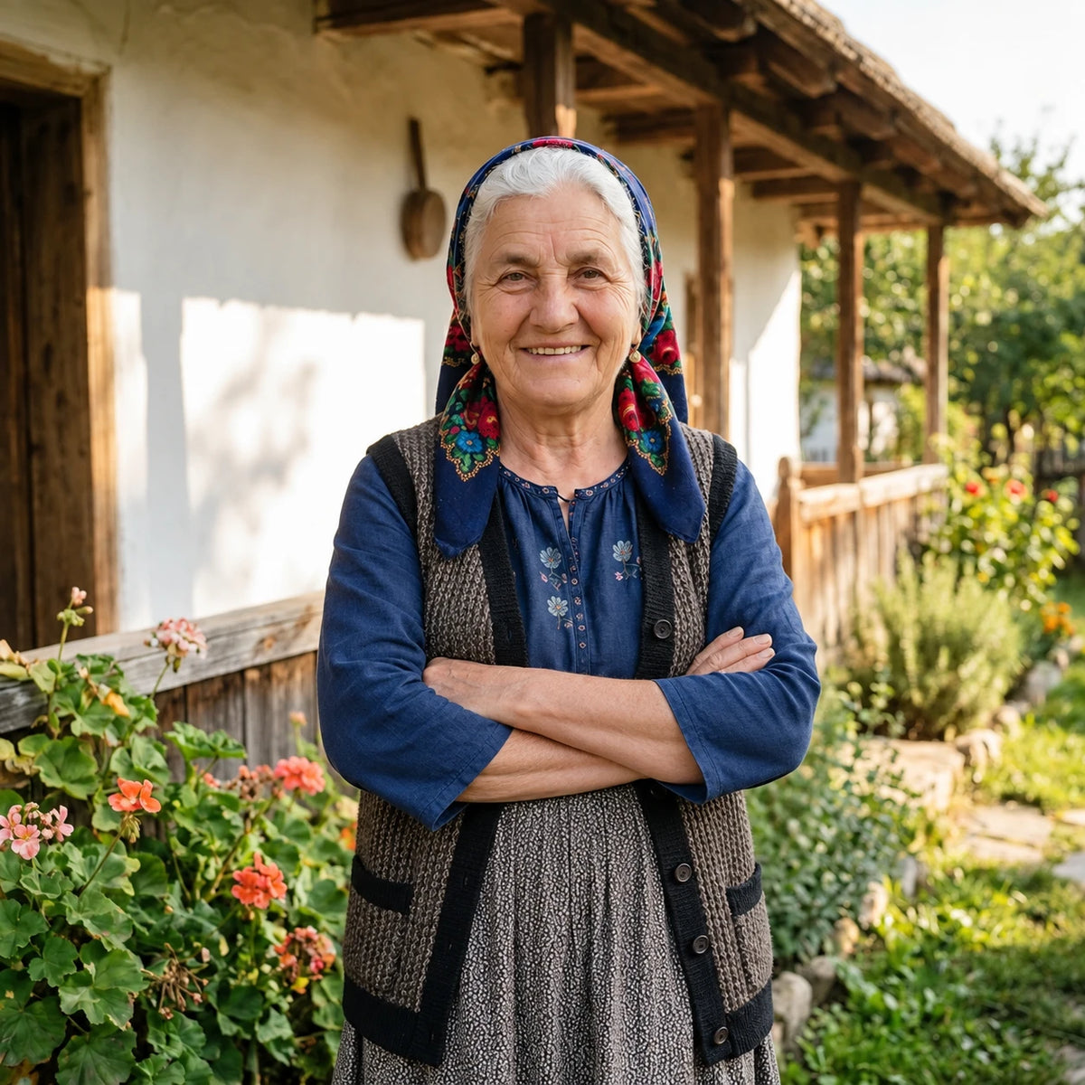 Mamaie Lenuța în fața casei bătrânești